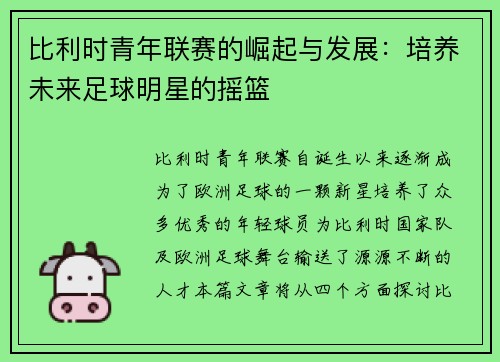 比利时青年联赛的崛起与发展：培养未来足球明星的摇篮