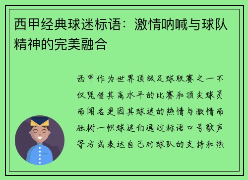西甲经典球迷标语：激情呐喊与球队精神的完美融合